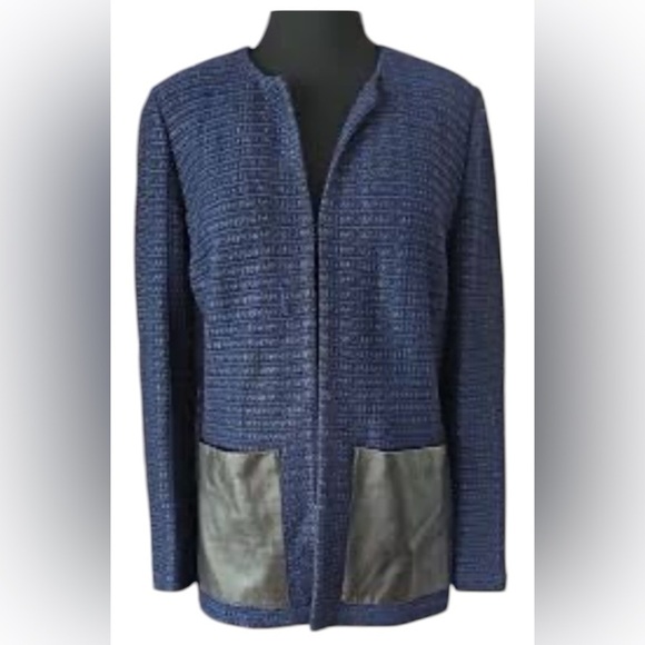 St. John Women’s Tweed Sweater Blazer W/ Leather Pockets Size 8 Blue Black wool - Picture 1 of 10
